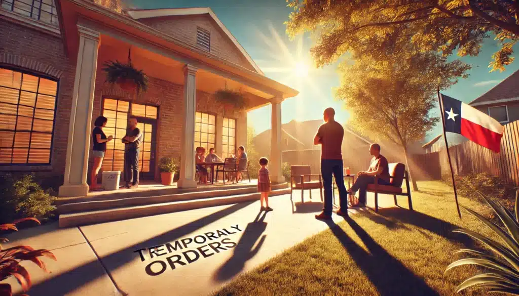 A wide-angle, cinematic, photo-realistic image symbolizing the importance of temporary orders in a Texas divorce. The scene shows a summer suburban Texas setting, with warm sunlight casting long shadows over a family gathered in separate areas outside a home. One parent is with a child on one side of the yard, symbolizing temporary custody and support arrangements, while the other parent watches from a distance, conveying the structured separation that temporary orders provide. The background includes a clear blue sky and lush greenery, creating a contemplative yet calm summer vibe. No text or visible equipment in the image.