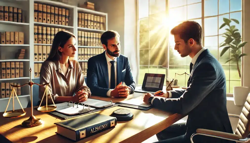 A cinematic, photo-realistic, wide-angle image showing skilled alimony attorneys providing legal support. The setting is a bright, sunlit office with large windows, showcasing summer vibes. Two attorneys in professional attire are seated at a polished wooden desk, attentively discussing legal documents with a client. The desk is organized with folders, a laptop, and a pen. The client appears engaged and reassured. The background features bookshelves filled with legal books and soft natural light creating a warm and professional atmosphere.