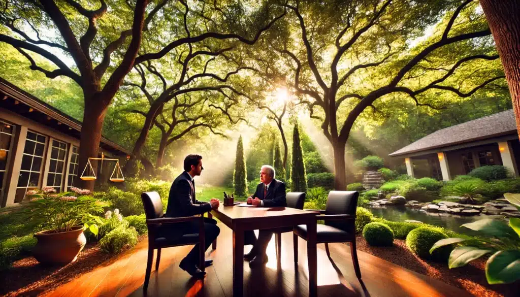 A wide-angle, photo-realistic cinematic scene showing an attorney meeting with a client outdoors in The Woodlands, Texas during a sunny summer day. The setting includes a polished wooden table in a shaded, tranquil area, surrounded by greenery and tall trees. The attorney appears engaged, explaining domestic violence and divorce cases, while the client listens intently, showing a mix of concern and relief. The atmosphere is professional yet supportive, with warm summer light filtering through the trees, creating a bright, welcoming ambiance. The scene captures a sense of trust and understanding.