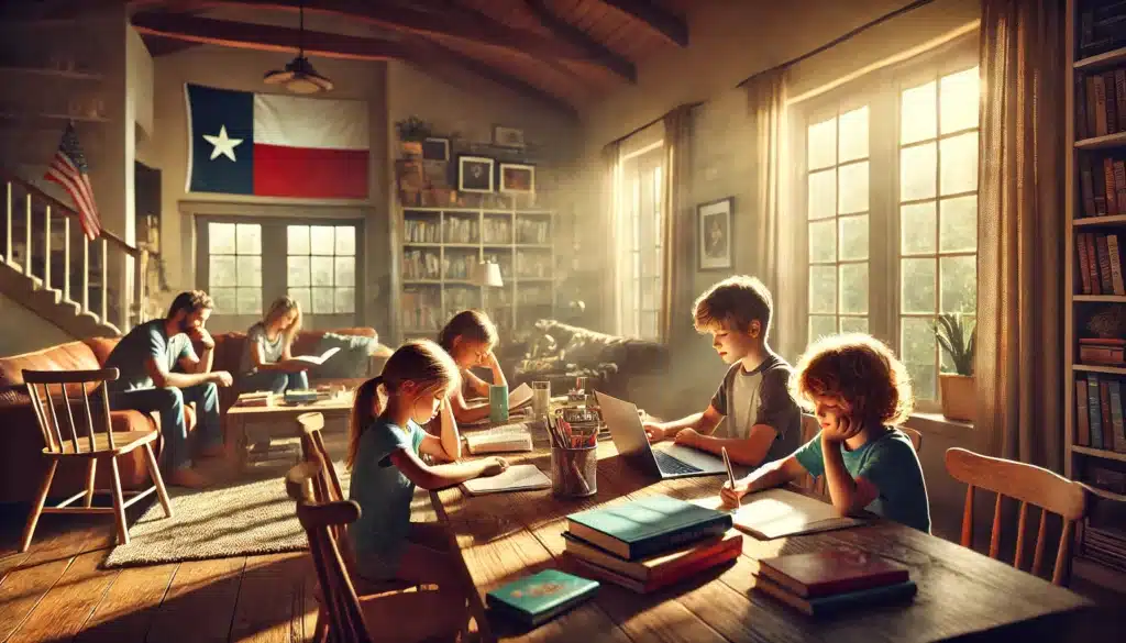 A photo-realistic, cinematic wide-angle image of children studying at home, reflecting the impact of alimony and child support situations. The scene captures a warm summer vibe, with sunlight streaming through large windows in a cozy living room. The children, a mix of ages, are seated at a wooden table with books, notebooks, and a laptop. In the background, subtle details such as a Texas flag on a bookshelf and family photos on the walls create a sense of context. The atmosphere is one of resilience and focus, emphasizing the importance of stability in challenging times.