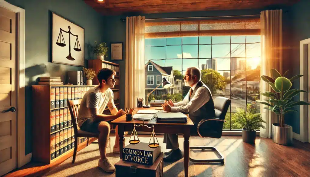 A wide-angle, photo-realistic cinematic image capturing a scene in an office in Katy, Texas. A common law divorce attorney sits at a desk, having a thoughtful conversation with a client. The setting is warm and inviting with summer vibes, including natural light streaming through the window and a comfortable, modern office. The attorney and client are engaged in a serious but calm discussion, with papers and legal documents on the desk, symbolizing the complexities of common law divorce. The atmosphere is relaxed yet professional, evoking trust and expertise.