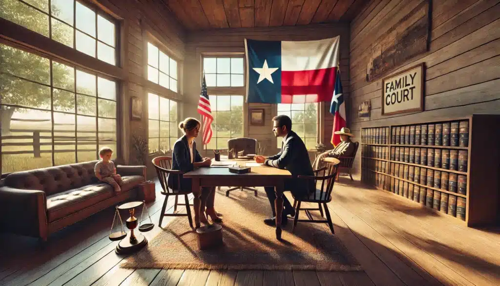 A wide-angle, photo-realistic, cinematic image with summer vibes, depicting a family court scenario in Texas. The scene focuses on a calm yet determined parent sitting with their lawyer at a wooden table, discussing child custody paperwork. The room is bright with sunlight streaming through large windows, casting warm hues over Texas-themed decor such as a state flag and rustic elements. The atmosphere conveys seriousness and professionalism with a hint of optimism and resilience.