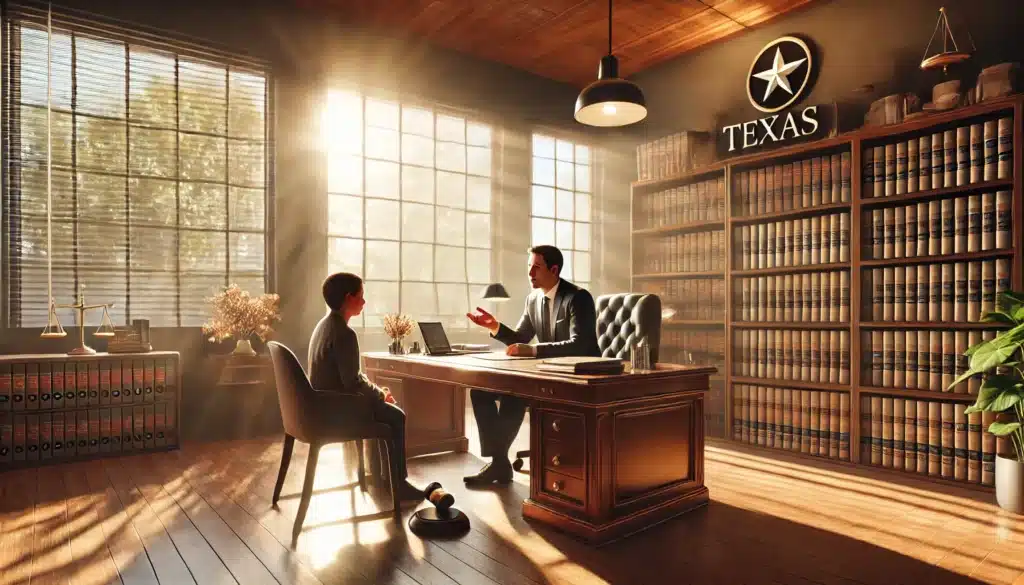 A wide-angle, photo-realistic, cinematic summer scene of a child custody lawyer discussing legal strategies with a parent in an office setting. The office is well-lit with warm natural sunlight streaming through large windows, creating a welcoming and professional ambiance. The lawyer is seated across from the parent at a polished wooden desk, with legal documents and a laptop open. Shelves with law books and subtle Texas-themed decor, like a small Lone Star flag, add context. The parent appears attentive, with expressions of focus and hope, while the lawyer gestures confidently, emphasizing trust and expertise.