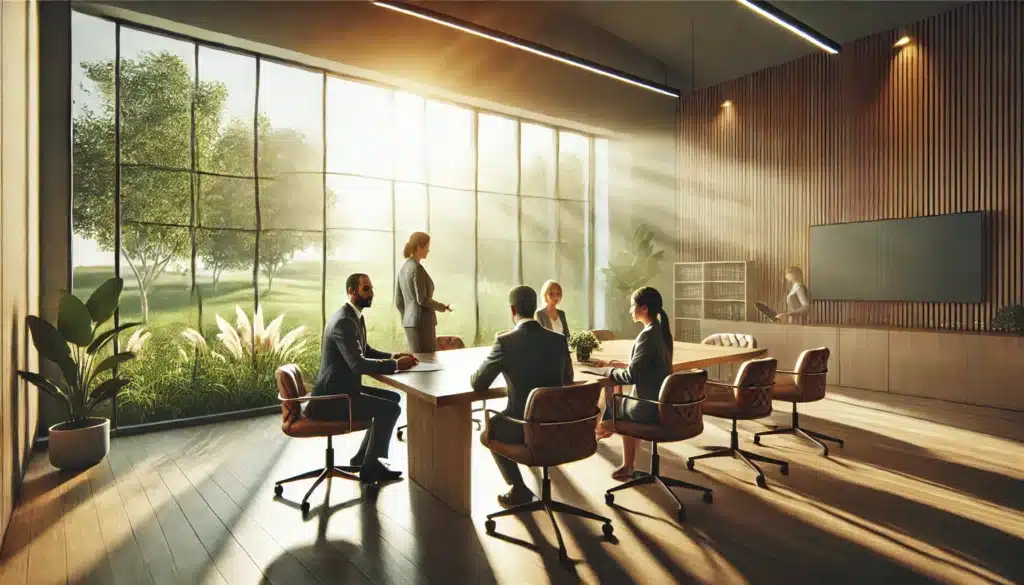 A photo-realistic, wide-angle cinematic summer scene depicting a family law mediation process. The image shows a modern, sunlit conference room with a large wooden table surrounded by individuals discussing calmly. A neutral mediator is present, guiding the conversation between two parties on either side. Outside the large glass windows, a bright summer landscape with lush greenery is visible, enhancing the serene and collaborative atmosphere. The lighting is soft and natural, emphasizing summer vibes and a sense of resolution.