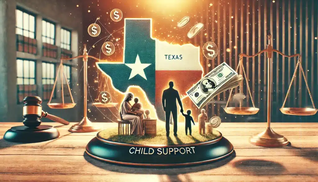 A cinematic, photo-realistic wide-angle image depicting the concept of child support laws in Texas. The image shows symbolic representations, such as a Texas map in the background with legal scales overlayed, and money flowing towards a family figure representing child support. The scene has a summer vibe, with warm sunlight illuminating the elements, and a modern courtroom setting to subtly emphasize the legal aspect. The image captures a sense of responsibility and protection with a peaceful yet serious tone.