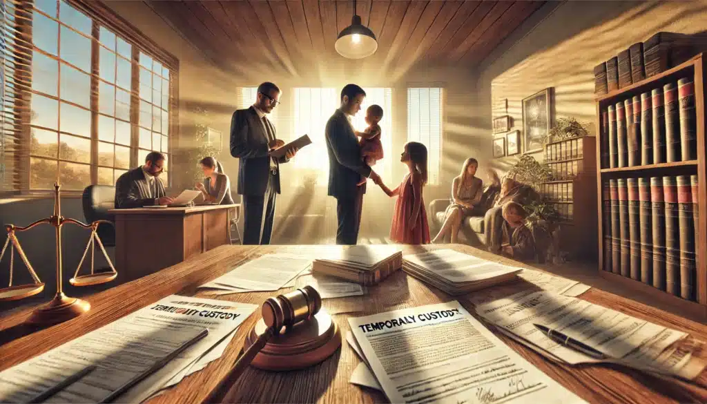 An illustration depicting the concept of temporary custody in Texas, highlighting legal documents and a family.