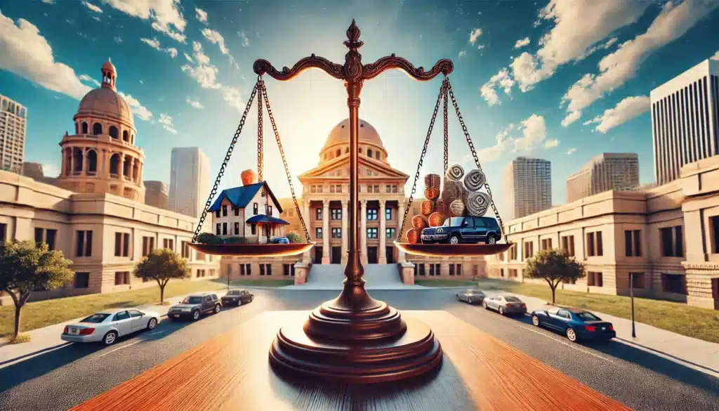 A cinematic, wide-angle, photo-realistic image with summer vibes illustrating the concept of community property law in Texas. The image features a symbolic scale of justice in the foreground with two balancing trays—one holding a house and a car, and the other holding a small business and a stack of money. Behind the scale is a Texas courthouse with a warm, sunlit Texas skyline. The image evokes the sense of balance, fairness, and legal decision-making under Texas community property law, with clear skies and bright summer lighting.