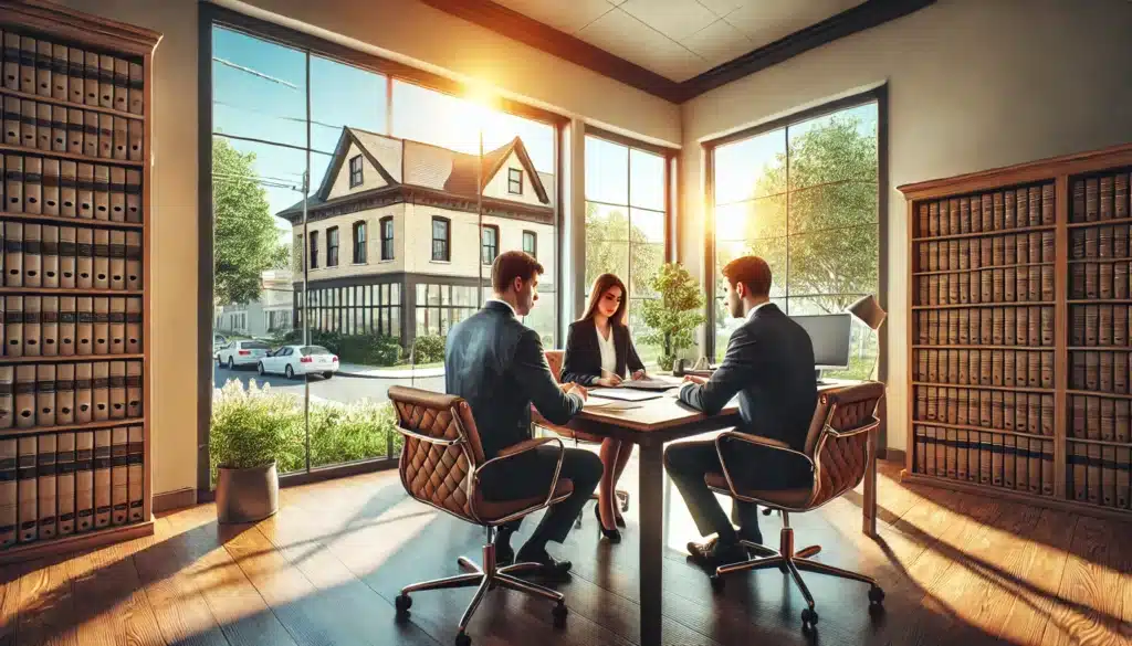 A cinematic, wide-angle, photo-realistic image of a professional and welcoming law office on a bright summer day in Sugar Land, Texas. A pair of attorneys sit at a large wooden desk with a client, reviewing documents together. The office has large windows letting in sunlight, with a view of a tree-lined street and warm summer vibes outside. The scene conveys professionalism, collaboration, and trust, emphasizing the supportive role of Sugar Land divorce attorneys. The atmosphere is calm and inviting, symbolizing expert assistance for clients. No visible branding or text.