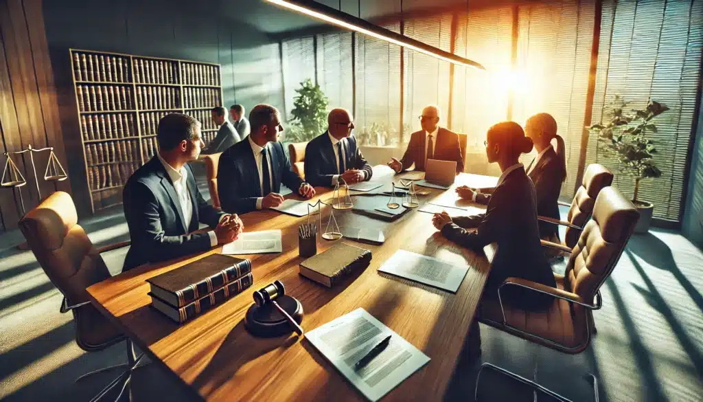 A photo-realistic, cinematic wide-angle image of a consultation session with experienced attorneys discussing legal options. The scene is set in a modern office with sunlight streaming through the windows, creating a warm, summer vibe. The attorneys are engaged in conversation around a conference table, with legal documents, a laptop, and a notepad in front of them. The atmosphere is professional, yet collaborative, showcasing a serious discussion about legal strategies in a parental alienation case.