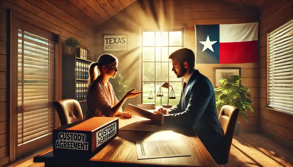 A wide-angle, photo-realistic, cinematic image with summer vibes, depicting a legal office in Texas where a parent and a lawyer are discussing child custody and support issues. The parent holds a folder labeled 'Custody Agreement,' and the lawyer is pointing to a document on the desk. Sunlight streams through the large window, illuminating the warm tones of the room. In the background, a subtle view of Texas-themed decor, such as a Lone Star flag, adds a local touch. The atmosphere reflects determination, focus, and support.