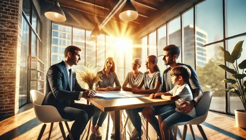 A wide-angle, photo-realistic, cinematic image with summer vibes, showing a family sitting at a table in a modern, sunlit office with a professional adoption attorney in Katy, Texas. The attorney is attentively explaining the adoption process with documents on the table. The family includes a diverse group, radiating warmth and optimism, with sunlight streaming through large windows, creating a serene and professional atmosphere.