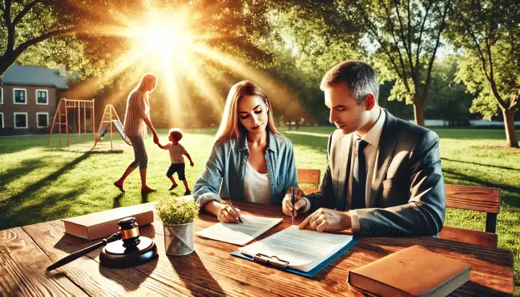 A photo-realistic, wide-angle, cinematic image with summer vibes illustrating the role of family law attorneys in child support cases. The scene shows a family law attorney sitting at a wooden table outdoors in a park, reviewing legal documents with a concerned parent. The background features a bright summer day with sunlight filtering through the trees, creating a warm, supportive atmosphere. In the distance, a child plays happily, symbolizing the importance of family law attorneys in ensuring the child's financial well-being through child support arrangements. The overall mood reflects professionalism, guidance, and care.