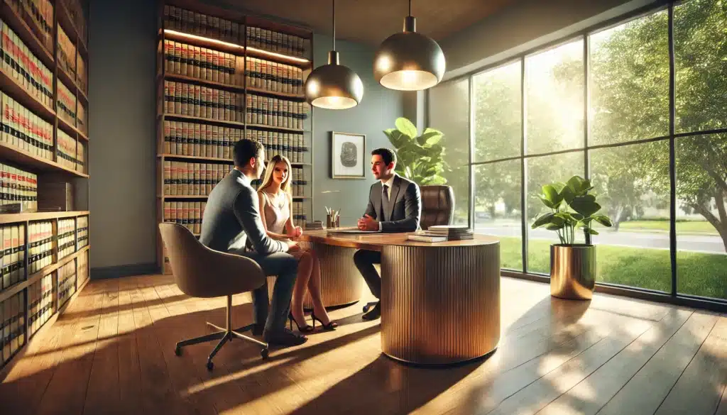 A photo-realistic, cinematic wide-angle image of a family law attorney in Tomball, TX, meeting with potential clients in a modern office setting. The attorney is seated across a polished wooden desk, engaging in a warm and professional discussion with a couple. The office is brightly lit with soft summer sunlight streaming through large windows, creating a vibrant and inviting atmosphere. The room features neatly arranged legal books, green plants, and subtle decor that reflects professionalism and approachability. The scene conveys trust, collaboration, and the attorney’s local expertise.