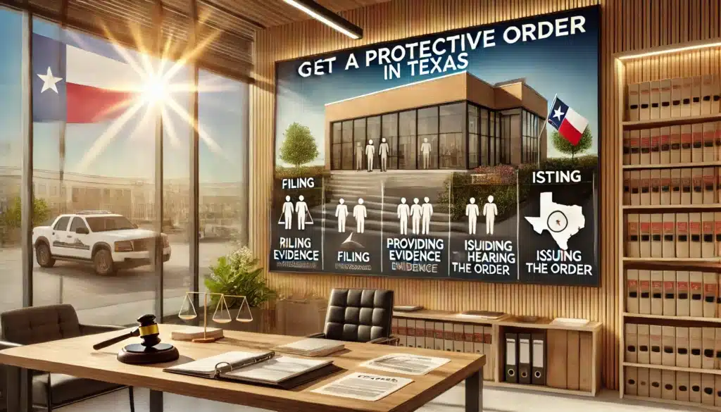 A photo-realistic, wide-angle cinematic image showing a step-by-step visual guide on the steps to get a protective order in Texas. The scene is set in a modern legal office with large windows and warm summer sunlight streaming in, giving it a bright and welcoming atmosphere. A large, clear infographic is displayed on a wall, illustrating the steps: 'Filing,' 'Providing Evidence,' 'Court Hearing,' and 'Issuing the Order.' Legal documents and a Texas map are visible in the background, adding to the professional yet approachable feel of the setting.