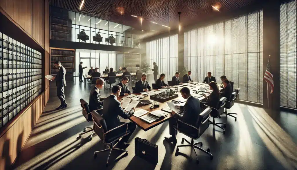 A wide angle, photo-realistic, cinematic image depicting forensic accountants working with attorneys to analyze financial documents for a high net worth divorce case. The scene takes place in a modern office with sleek design, where the forensic accountants and attorneys are gathered around a large conference table, reviewing financial documents and charts. The atmosphere is professional and focused, with natural sunlight streaming through large windows, casting soft shadows on the polished surfaces. The decor is minimalistic, with touches of greenery visible outside, creating a calm yet intense environment as the team collaborates on financial matters crucial to the divorce case.