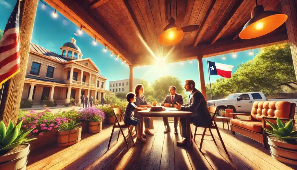 Wide-angle, photo-realistic, cinematic image with summer vibes, captured in the style of a wide-angle lens. The scene features a legal setting outdoors in a sunny, vibrant Texas environment. A parent and child are seated at a table, discussing custody arrangements with a lawyer. The background includes elements like a Texas courthouse or iconic Texas scenery, emphasizing the legal focus. The mood is professional yet approachable, with warm, bright summer lighting to create an inviting atmosphere. The image conveys an understanding of child custody laws in Texas.