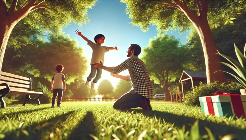 A photo-realistic, cinematic, wide-angle image capturing a joyful reunion between a parent and child in a park after a court-ordered visitation. The parent kneels with open arms as the child runs toward them with excitement. The background features vibrant green trees, a clear blue sky, and warm summer sunlight creating a cheerful and heartwarming vibe. The setting reflects happiness, connection, and the importance of family moments.