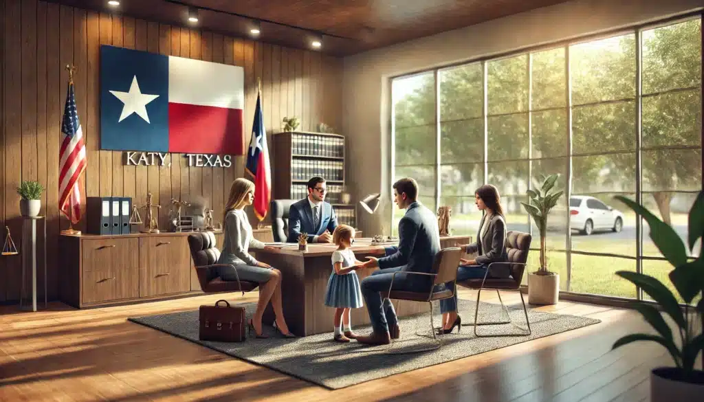 A photo-realistic, cinematic, wide-angle summer image of child support attorneys in Katy, Texas, providing legal advice to clients. The scene shows a professional office with a welcoming atmosphere, large windows letting in natural summer light, and a subtle Texas-themed decor. Attorneys are seated at a polished desk, engaging attentively with clients, including a parent and a young child holding a small toy. The setting reflects trust, professionalism, and warmth, highlighting the supportive relationship between the attorneys and their clients.