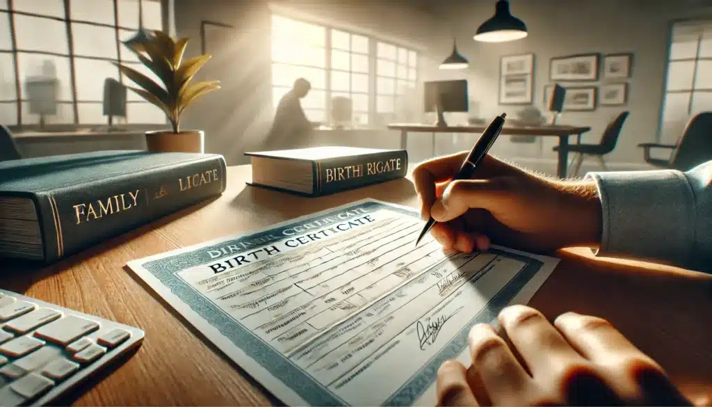 A wide angle, photo-realistic, cinematic summer vibes image showing a child's birth certificate being filled out, highlighting parental rights in surrogacy. The scene takes place in a modern office with soft, natural lighting coming through the windows. A person (likely a family law attorney or parent) is carefully writing on the birth certificate, with a focus on the document's details. The background includes subtle hints of legal books and a plant, creating a calm, professional atmosphere that symbolizes the importance of establishing legal parental rights in surrogacy. The overall mood is serene and hopeful, reflecting the joyful process of family creation.