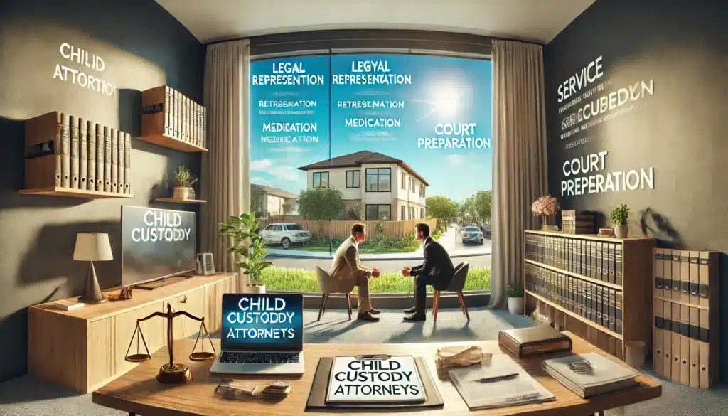 A wide-angle, photo-realistic cinematic image with summer vibes, depicting an overview of services offered by child custody attorneys in Tomball, Texas. The scene features a professional office with legal documents, a laptop, and a whiteboard listing services like legal representation, mediation, and court preparation. The attorney interacts warmly with a client, while the background shows a window view of a sunny suburban Texas neighborhood, symbolizing support and professionalism. The composition highlights trust, expertise, and a welcoming atmosphere.