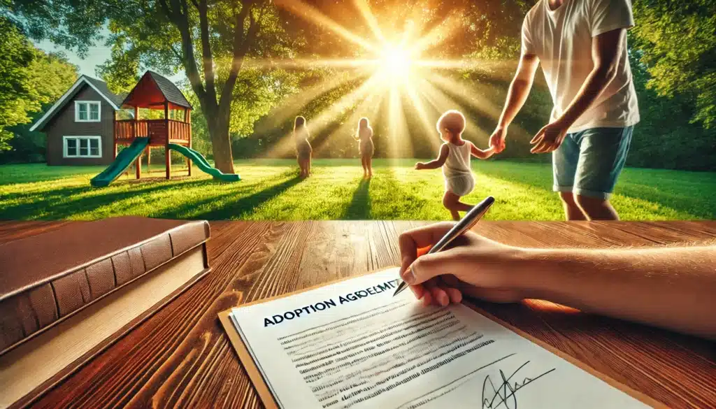 A photo-realistic, wide-angle, cinematic image with summer vibes that illustrates the relationship between adoption and child support obligations. The image shows a close-up of a legal document labeled 'Adoption Agreement' being signed on a wooden table outdoors. In the background, a happy child plays with a new parent in a bright summer park. The sunlight filters through green trees, casting a warm glow over the scene, symbolizing the transfer of parental and financial responsibility from the biological parent to the adoptive parent. The overall atmosphere combines legal formality with emotional warmth and joy.