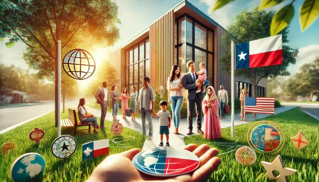 A wide-angle, photo-realistic, cinematic image with summer vibes, showcasing a visual representation of different types of adoption in Texas. The scene includes a diverse family standing with their newly adopted child in front of a modern office, representing private adoption, and another family celebrating an international adoption with cultural symbols nearby. The setting is sunny and vibrant, with a backdrop of green trees and a welcoming, inclusive atmosphere.