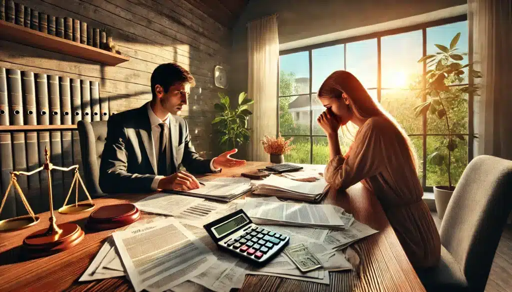 A cinematic, photo-realistic, wide-angle image illustrating the challenges faced in alimony cases. The scene is set in a professional office with a polished wooden desk covered with scattered legal documents, a calculator, and a laptop. Two individuals are seated across from each other, one appearing distressed while the other, a legal professional, is explaining the documents with a concerned expression. The background shows a sunlit window, summer vibes reflected in the greenery outside, and tasteful decor that adds warmth to the setting.