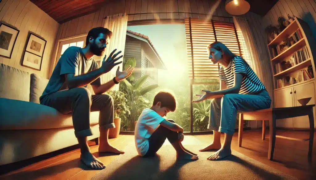 A photo-realistic, cinematic wide-angle illustration depicting the dynamics of parental alienation in a family setting. The scene shows a family at home, with one parent attempting to manipulate the child against the other. The child is visibly confused, sitting in the middle, while the two parents have opposing body language, one showing warmth and the other coldness. The atmosphere is tense, with summer vibes and sunlight streaming through the window, symbolizing the emotional strain and the complexity of the situation.