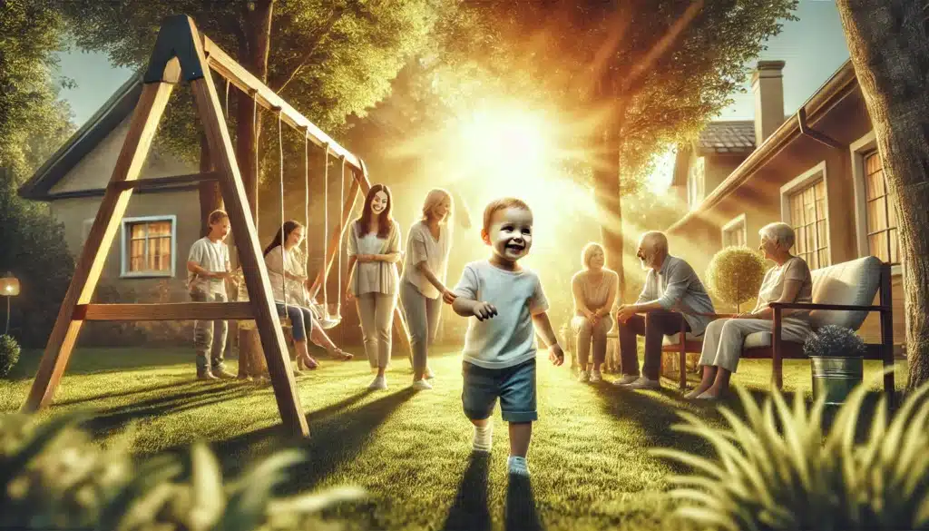A wide-angle, photo-realistic, cinematic summer scene showing a child in a supportive environment, symbolizing the best interests of the child. The child, smiling and playing in a sunlit backyard, is surrounded by caring adults, with warm natural light filtering through trees. The scene captures a sense of safety and joy, with subtle elements like a swing set, soft grass, and a cozy home in the background. The atmosphere evokes a feeling of stability and love, with summer vibes enhancing the peaceful, idyllic setting.