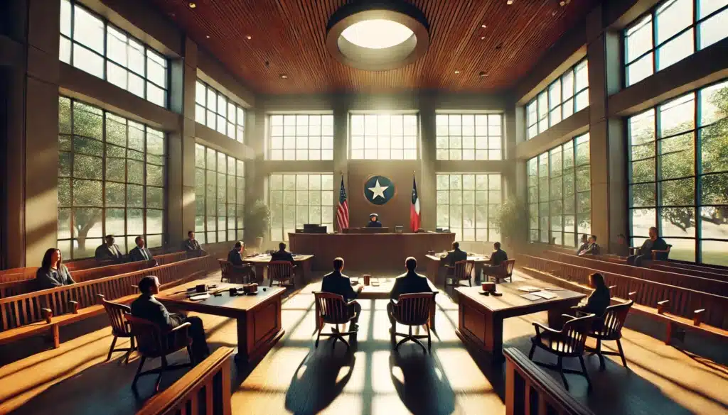A wide-angle, photo-realistic, cinematic summer scene depicting a courtroom in Texas where parental rights are being discussed. The courtroom is bright and sunlit, with large windows letting in natural light. The judge is seated at the bench, and legal professionals are standing, presenting arguments. The Texas state flag is visible in the background, along with wooden benches and desks, adding to the serious tone of the scene. The atmosphere feels formal but also captures the warmth of a summer day outside, creating a balanced, dramatic mood.