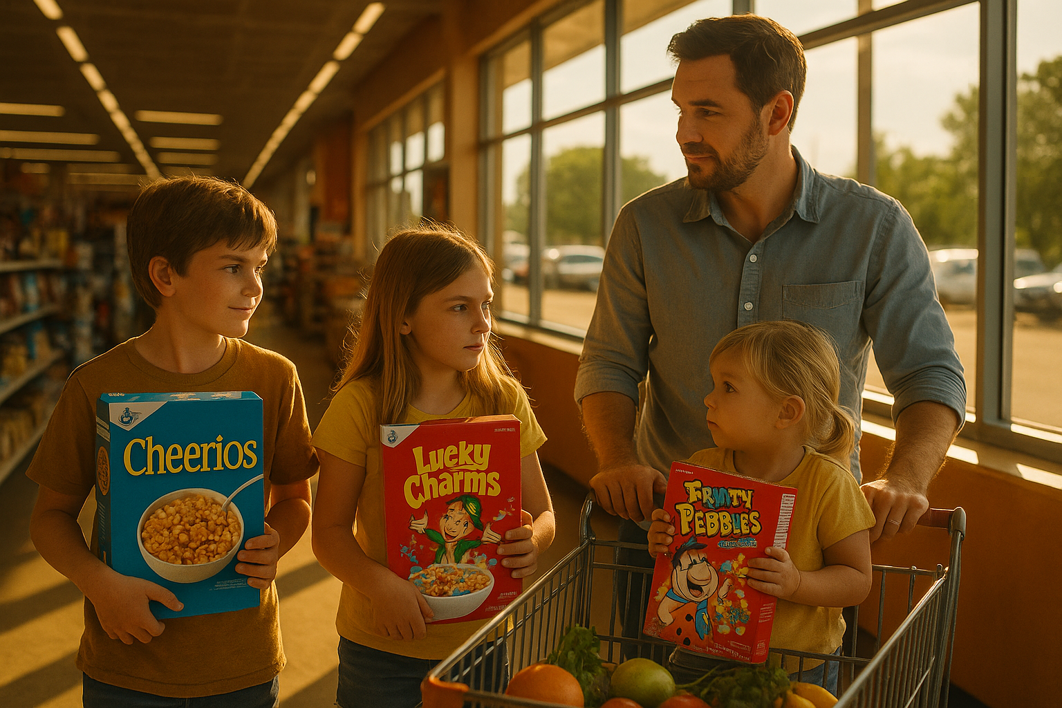 Father shopping with three kids holding cereal boxes (Cheerios, Lucky Charms, Fruity Pebbles) in a grocery store, symbolizing co-parenting choices