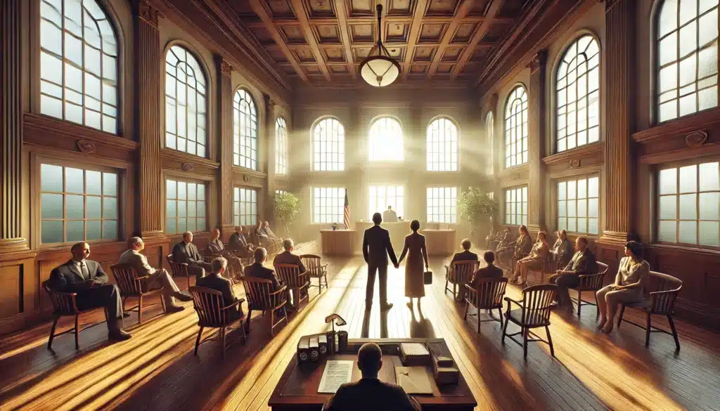 An illustration of the final court hearing and the divorce decree process.