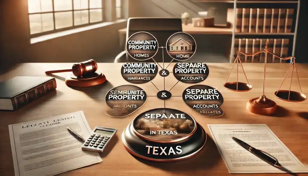 A wide-angle, photo-realistic cinematic image of an illustrative diagram explaining community and separate property in Texas. The diagram is displayed on a modern wooden desk with legal documents, a gavel, and a calculator beside it. The setting is a warm summer afternoon with natural sunlight streaming through a large window, casting soft shadows. The diagram visually separates community property (shared assets like homes, bank accounts) from separate property (inheritances, pre-marriage assets). The scene exudes professionalism and clarity, making complex legal concepts easy to understand.