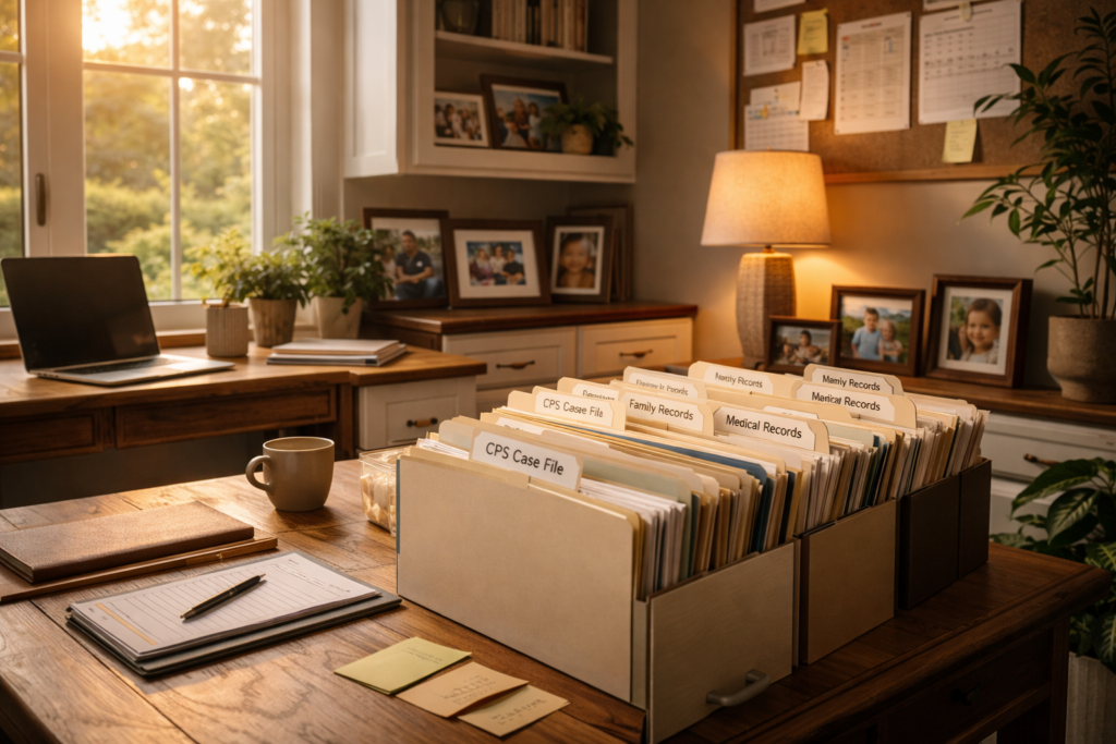 The image depicts a well-organized home office featuring neatly filed documents and framed family photos, creating a warm and inviting atmosphere for work. This setup reflects a focus on the family's well-being and safety, which is essential when navigating child protective services and related investigations.