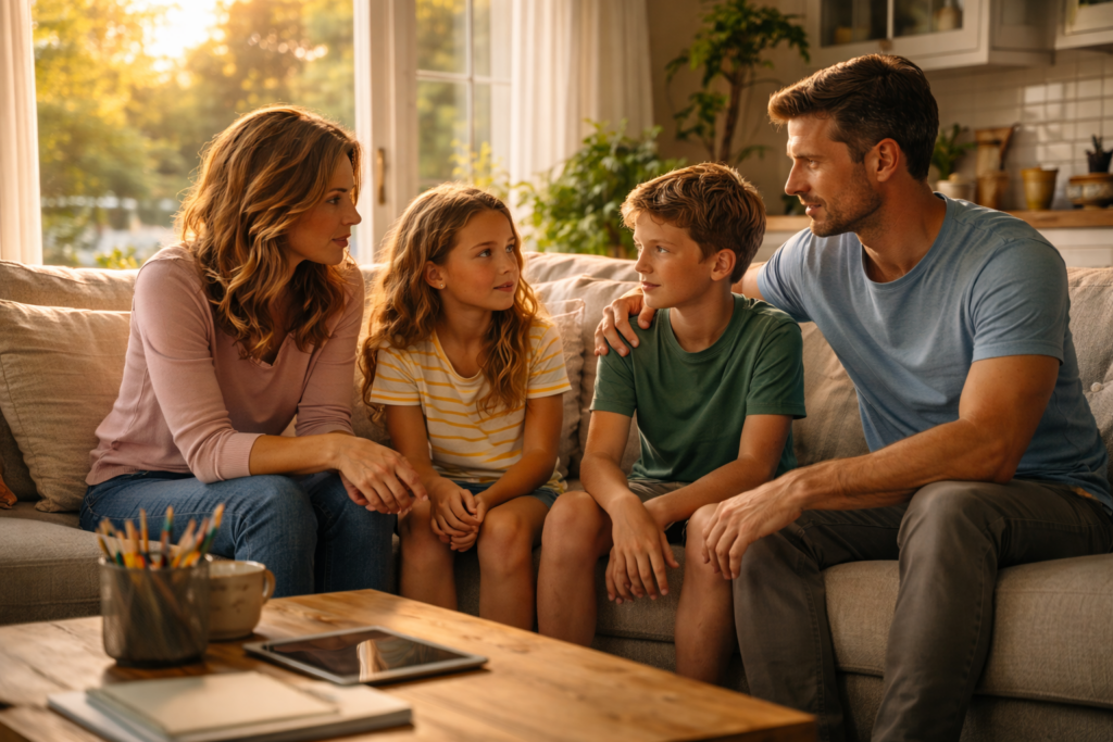 In a cozy living room, a family is engaged in a calm discussion, highlighting their commitment to each other's well-being and the importance of addressing any concerns related to child safety. The atmosphere suggests a supportive environment where family members are focused on maintaining a safe and nurturing space, potentially in light of previous child protective services involvement.