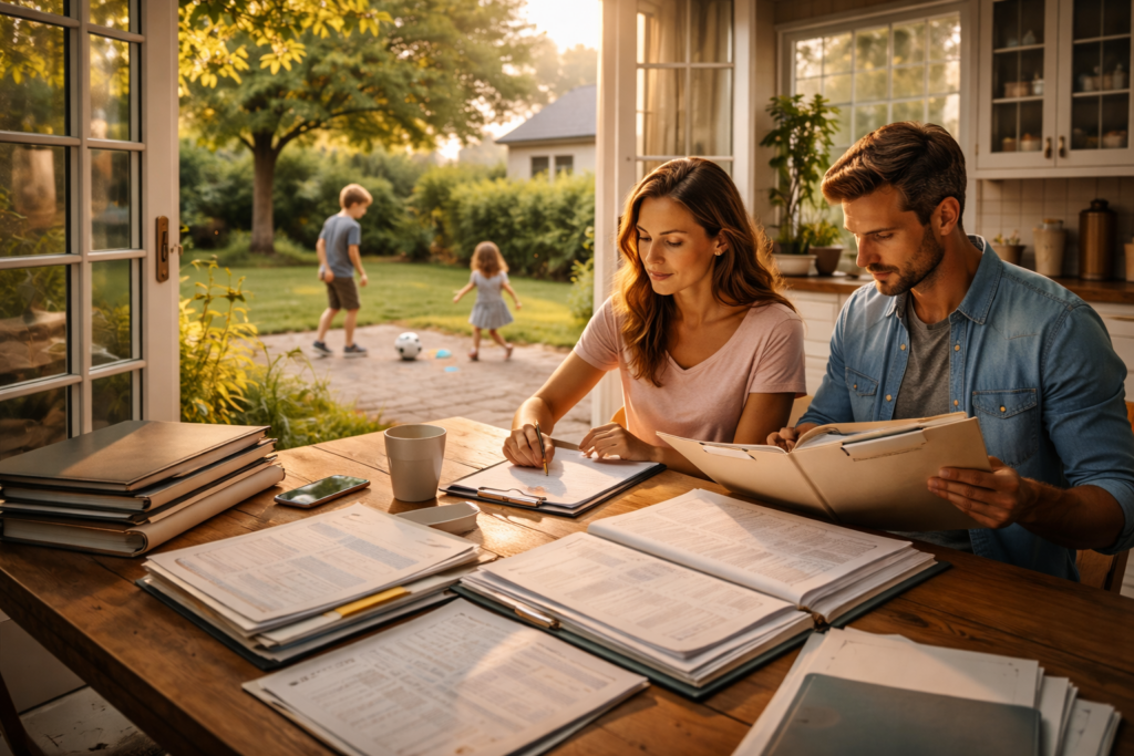 Wide-angle, photo-realistic image of parents sitting at a kitchen table reviewing organized paperwork while their children play outside in the backyard during a warm summer afternoon, conveying family stability, preparation, and attentive parenting.