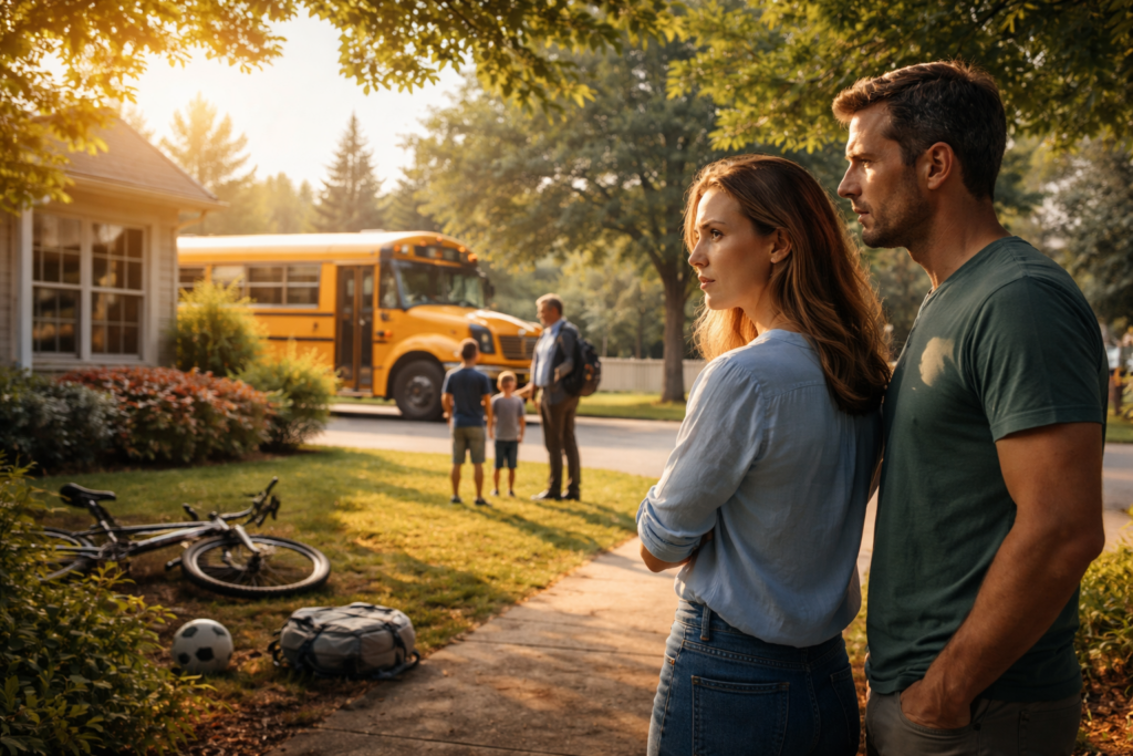 Wide-angle photo of Texas parents standing together outside their home as their child speaks with a school counselor near a school bus, reflecting family stress during divorce and concerns about CPS involvement.