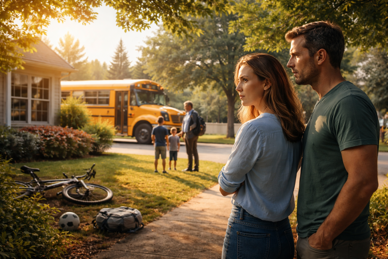 Wide-angle photo of Texas parents standing together outside their home as their child speaks with a school counselor near a school bus, reflecting family stress during divorce and concerns about CPS involvement.