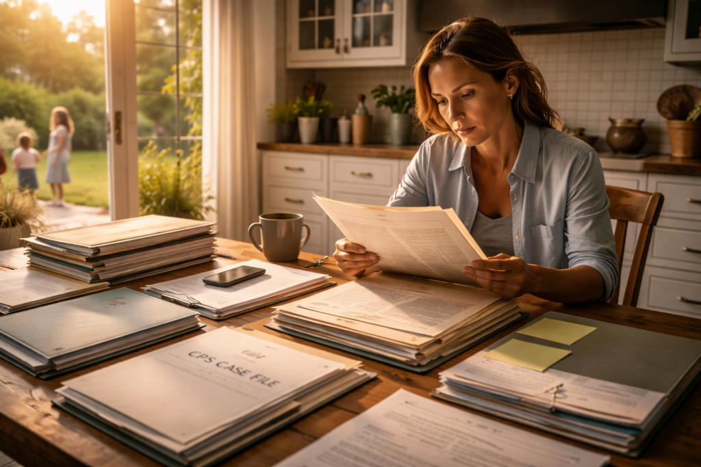 A concerned parent sits at a kitchen table, surrounded by organized folders and documents related to a child protective services (CPS) investigation. The parent reviews files that may impact their child's safety and welfare amidst allegations of neglect or abuse.