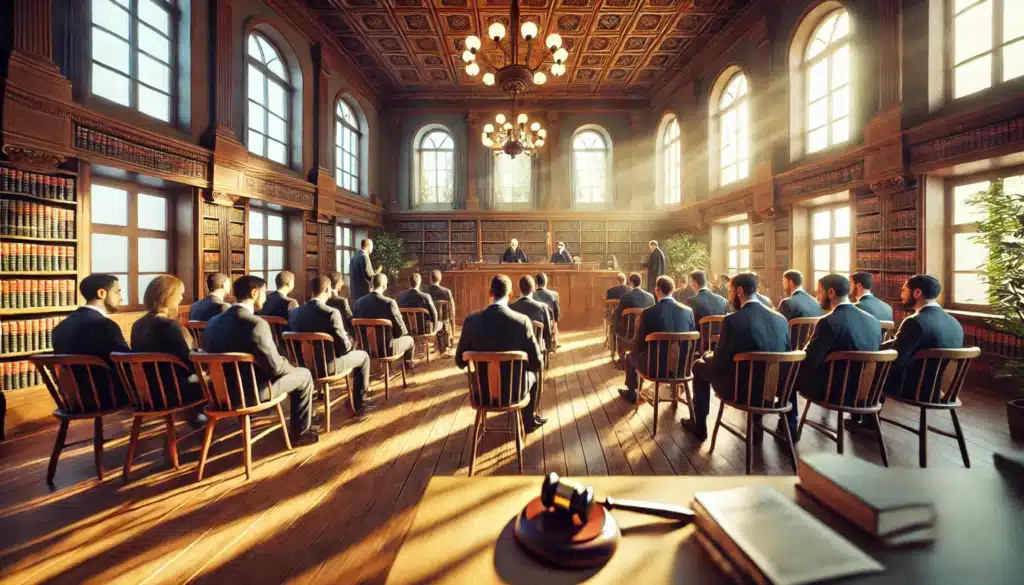 An illustration of a courtroom scene emphasizing legal grounds for service by publication.