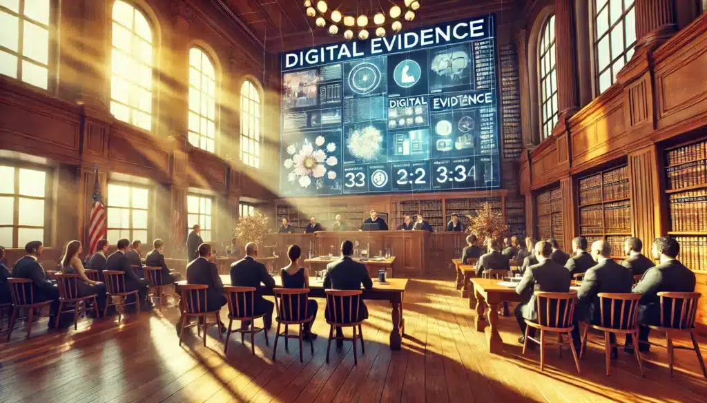 An illustration of a courtroom scene presenting digital evidence.