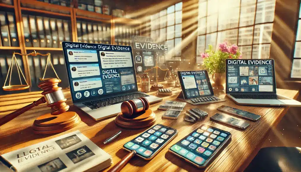 An illustration of various types of digital evidence used in court.