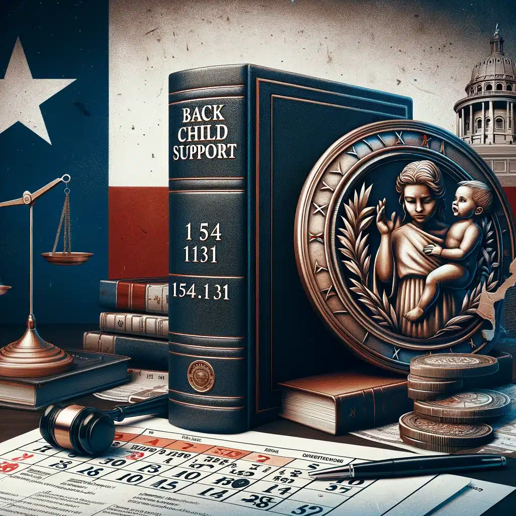 The image depicts a conceptual representation of child support in Texas. It features a symbolic balance scale with the Texas state flag on one side and a pile of coins on the other, illustrating the financial aspect of child support. In the background, there are silhouettes of a family, signifying the importance of child support in family dynamics. The overall tone of the image is serious and informative, aimed at conveying the significance and legal nature of child support in the state of Texas.