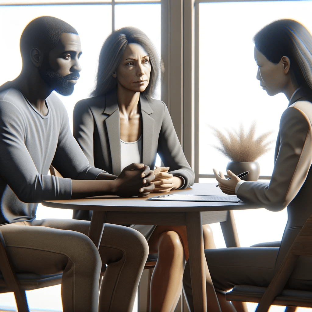 Answering Frequently Asked Questions About Texas Divorces   DALL·E 2024 01 01 18.19.40 A Realistic Image Of A Couple In A Mediation Session Discussing Their Divorce With A Mediator In Texas. The Couple A Middle Aged Black Man And A Cau 