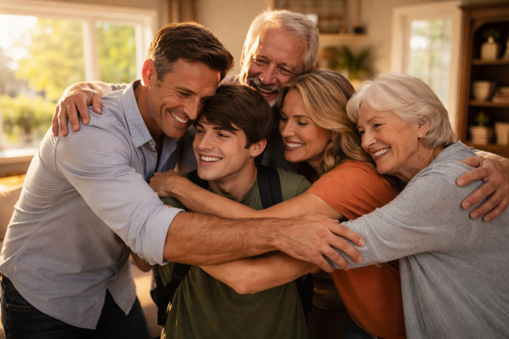 A warm embrace among a multigenerational family in a sunlit living room symbolizes the emotional bonds that can form through both traditional and adult adoption processes, reflecting the legal relationships that can be established under Texas law. The image captures the joy and unity of adoptive parents and their adult children, highlighting the importance of family law and the legal recognition of these connections.