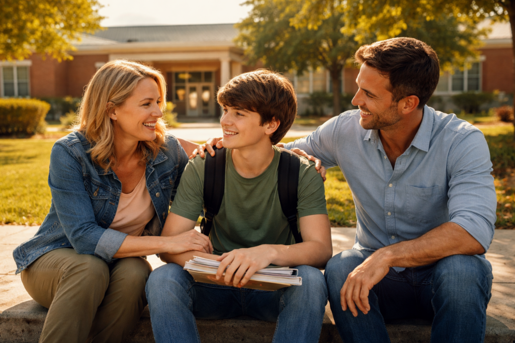 Stepparent and teen student smiling outside school in summer, symbolizing adult adoption and academic stability after divorce in Texas