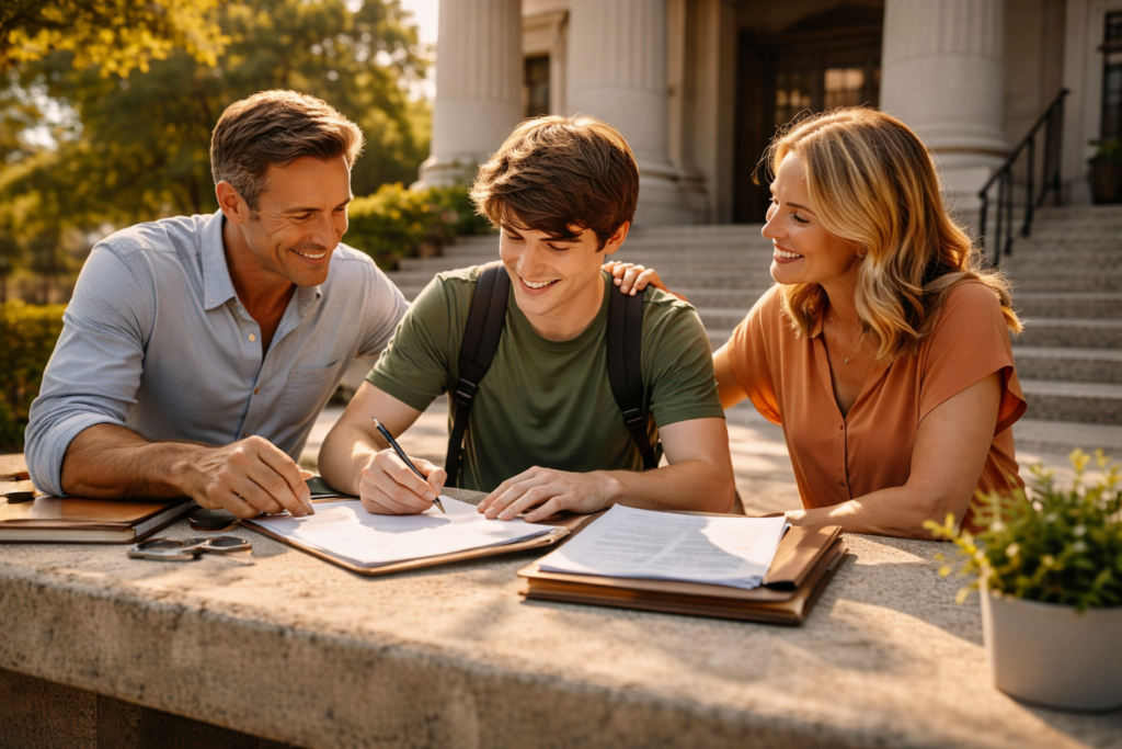 Adult son signing adoption paperwork with supportive parents outside Texas courthouse on a sunny summer day, symbolizing legal adult adoption process and family unity