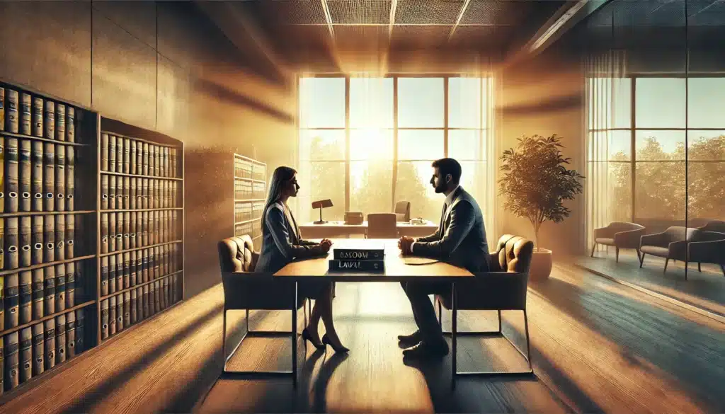 A wide-angle, photo-realistic, cinematic image with summer vibes, illustrating the concept of ending a common law marriage. The scene should show a couple sitting at a table in a calm, professional environment, discussing the terms of separation or divorce. They are engaged in a serious but respectful conversation, with legal documents or a laptop on the table. The atmosphere should be peaceful yet somber, with soft, golden sunlight filtering through the windows, casting a reflective mood over the scene. The background should evoke a sense of resolution and closure, with subtle legal elements like law books or documents in the setting.