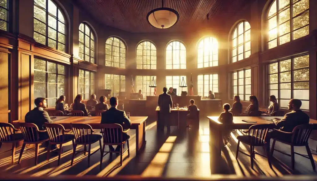 A cinematic, photo-realistic wide-angle image of a family courtroom in Texas during summer, with warm sunlight streaming through large windows. The scene includes a judge at the bench, parents seated at separate tables with their attorneys, and a child sitting quietly with a neutral observer or guardian ad litem. The environment feels professional yet approachable, emphasizing the theme of custody and family-focused decision-making. The image has a cinematic and inviting vibe, capturing the seriousness yet human aspect of the divorce process.