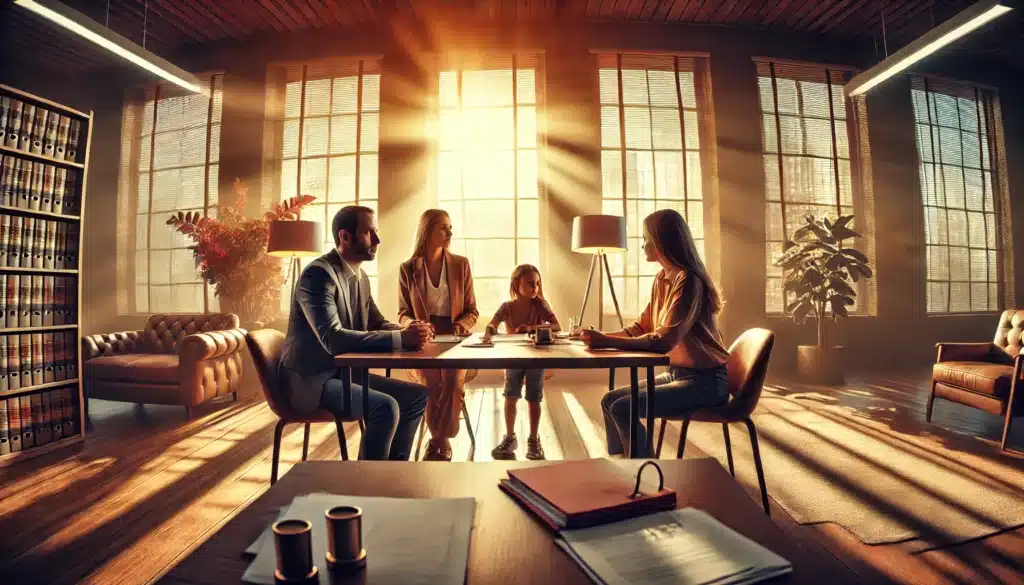 A cinematic, photo-realistic wide-angle image depicting child custody arrangements during a divorce in Texas. The scene shows two parents in a mediation room during summer, with warm sunlight filtering through large windows. A professional mediator sits at a table with both parents, papers and custody schedules spread out in front of them. The atmosphere feels serious but collaborative, focusing on the well-being of the child, who is seen in the background playing with a toy. The image emphasizes hope and resolution, with a cinematic and inviting tone.